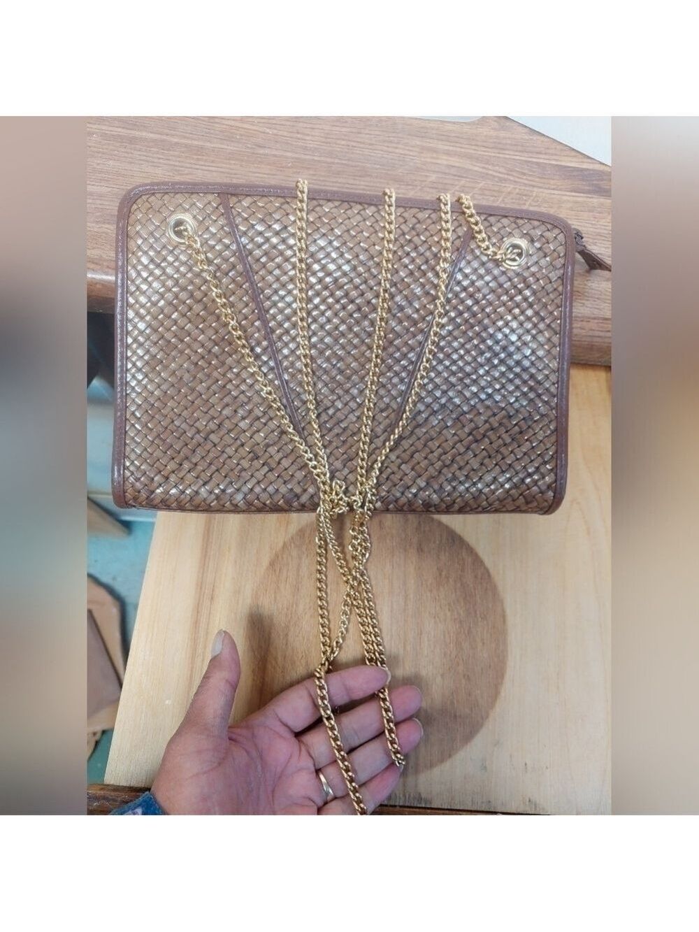 Vintage* The Bay, Made in Italy, Tan Clutch/Cross Body with Long Chain Strap